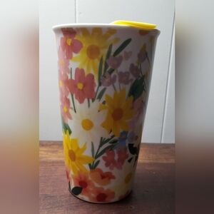 Floral Travel Mug with Yellow Lid